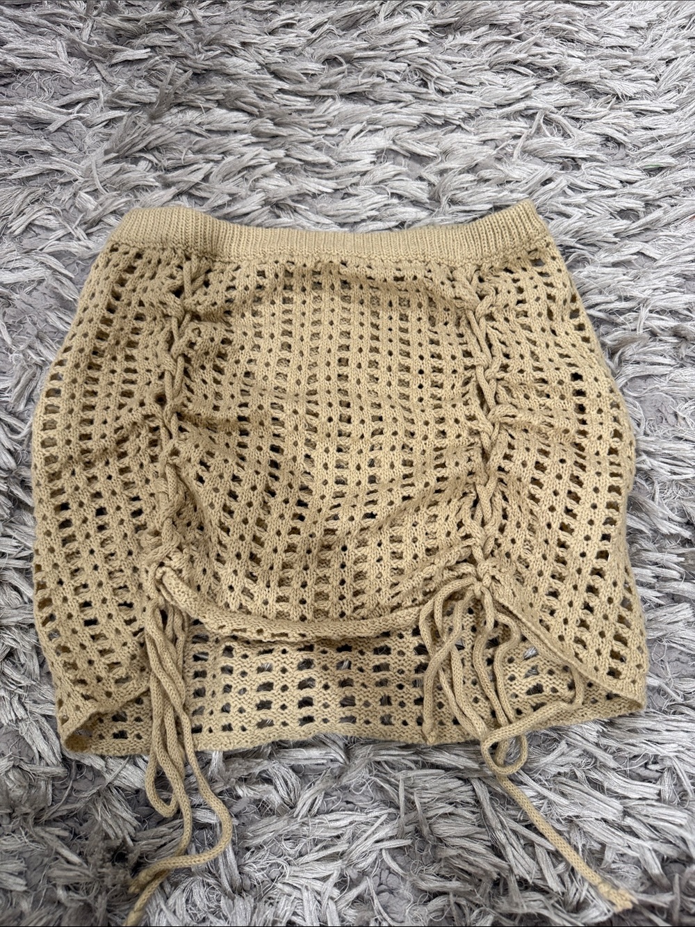 Crochet Drawstring Mini Skirt - Beige